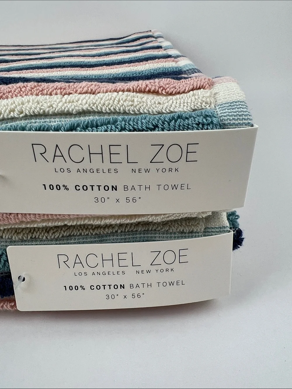 Rachel Zoe Bath Towel Set Striped Pink Navy Cream Soft 100% Cotton 2 Pc NEW